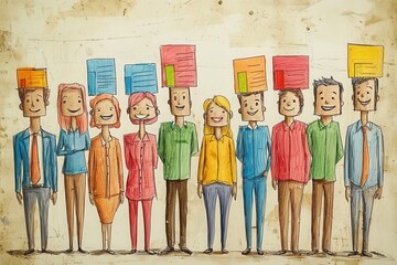 Obraz premium Data Heads: A creative illustration featuring a diverse group of people, each balancing colorful data charts atop their heads, symbolizing information and analysis in a visual presentation.