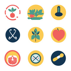 Circular icons featuring food, medical, and plant concepts illustration