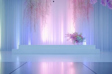 A decorated stage with flowers and soft lighting effects