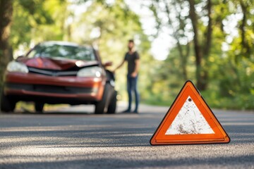 Warning triangle sign placed on road after car crash with driver standing near damaged vehicle