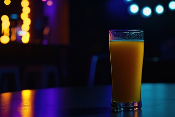 Refreshing Glass of Orange Juice with Vibrant Lighting