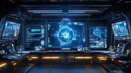 Exploring Futuristic Spaceship Cockpit with Advanced Technology and Bright Glowing Screens