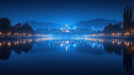 Night Serenity:  Lake Reflection of a Starlit Cityscape