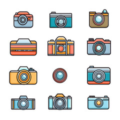 Collection of colorful camera icons in vector format on white backdrop