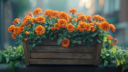 Ornate orange marigolds in a wooden planter, bathed in soft light