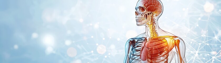 Transparent Human Anatomy Model Concept with Detailed Skeleton and Organ Visualization