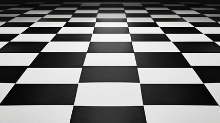 A close-up view of a black and white checkered floor, creating a striking visual pattern with a sense of depth and perspective.