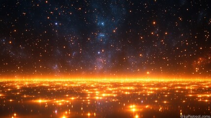 Fototapeta premium Celestial Lightscape: A Universe of Golden Stars Reflecting on a Tranquil Plane