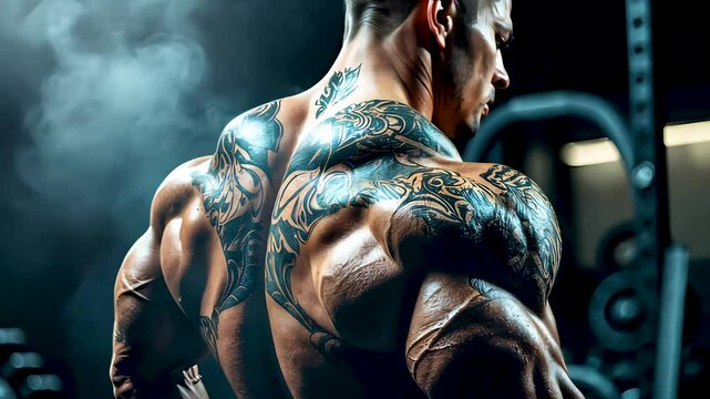 Tattooed Bodybuilder with Muscular Back Working Out in Dark Gym, Foggy Atmosphere and Neon Lights
