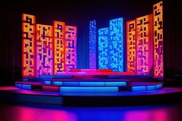 Obraz premium An illuminated stage with colorful lights and abstract panel design