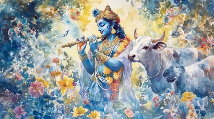 Generic Festive Watercolor Moment Depiction Lord Krishna