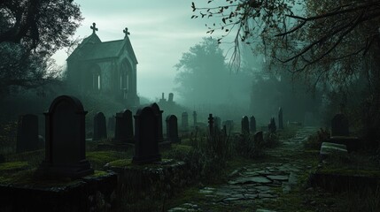 Eerie Cemetery Scene with Foggy Atmosphere and Gothic Architecture