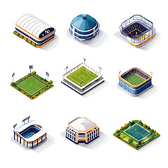 Isometric Sport Stadiums, Arenas and Fields, Architectural Vector Graphics