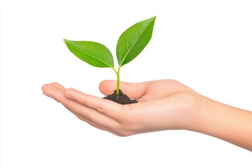 Human Hand Gently Holding Small Green Plant with Fresh Leaves on White Background