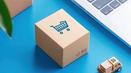 Digital Shopping Concept with Box and Laptop on Bright Blue Surface