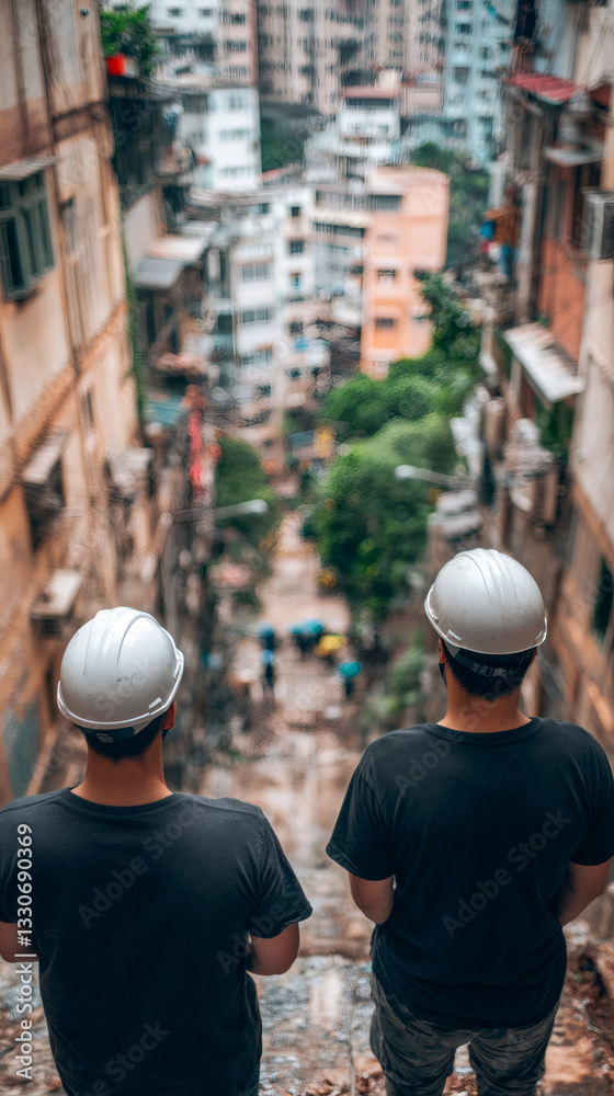 Poster Two engineers wearing hard hats are overseeing an urban development project from an elevated vantage point, ensuring safety and progress