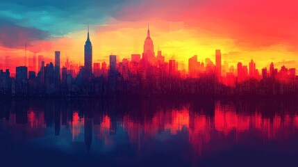 Fototapeta premium Manhattan Skyline at Sunset: A Vibrant Cityscape Reflection