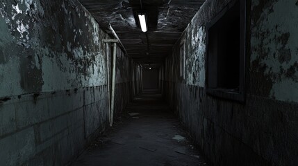 Dark Creepy Abandoned Corridor with Peeling Walls and Dim Lighting for Horror Mystery or Thr