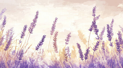 Fototapeta premium A stained glass-inspired artwork of lavender fields in full bloom, delicate purple hues blending into soft gold and blue tones, gentle wind swaying the flowers