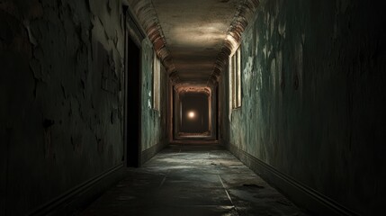 Obraz premium Eerie Abandoned Corridor with Peeling Walls and Dim Lighting Perfect for Horror Mystery and
