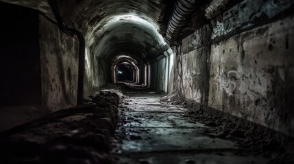 Obraz premium Dark Creepy Abandoned Tunnel with Wet Walls and Pipes Ideal for Horror Mystery or Adventure