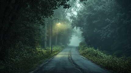 Enchanted Forest Pathway Illuminated by Streetlight in Misty Night