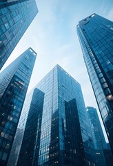 Create 10 prompts for stock photos related to business background banner with office buildings, innovation technology for business with 100-200 characters and ending with