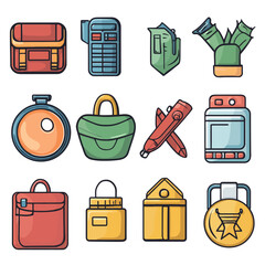 School supplies and everyday objects icons in cartoon vector style