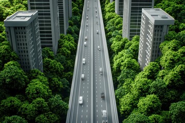 Green Transportation Concept on Highway Surrounded by Lush Buildings and Dense Forests