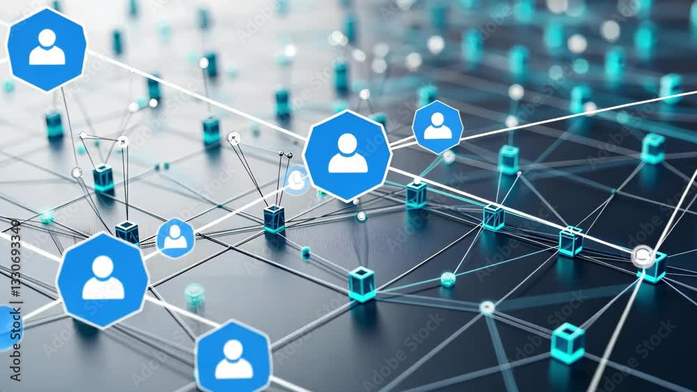 Poster exploration of network connections through data points on a white background highlighting digital in