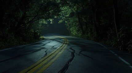 Obraz premium Winding Forest Road at Dusk A Serene and Mysterious Pathway Through Natures Embrace Ideal fo