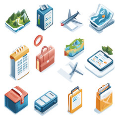 Isometric Travel Planning Icons: Adventure, Business, and Holiday Concept