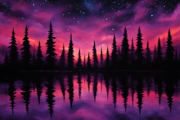 Fototapeta premium Forest Reflection at Dusk, Starry Sky, Calm Water
