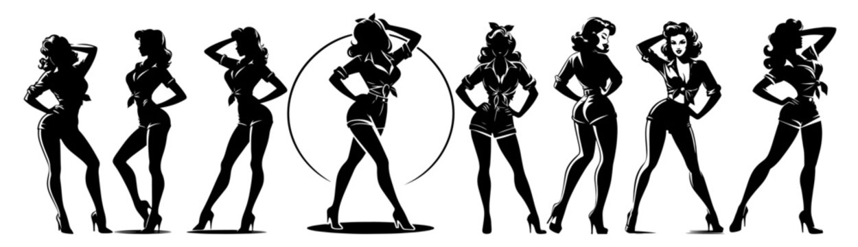 pin-up girl collection in stylish poses black silhouette vector shape
