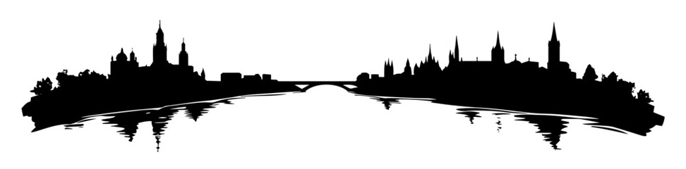 historic european city skyline with bridge and water reflection in elegant black vector shape © Camel