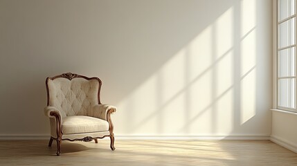 A well-lit living room featuring a single armchair in front of a blank white wall serves as a versatile background for various stock photo needs