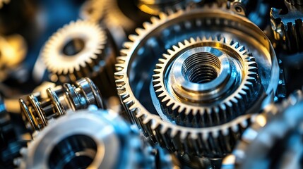 Close-Up of Intricate Metallic Gears and Mechanical Components