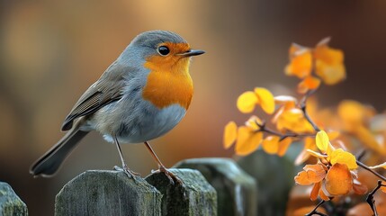 Fototapeta premium European Robin Perched on a Fence Post in Autumn