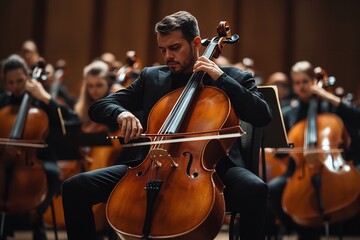 Professional cellist performing in an orchestra, illuminated by dramatic lighting and surrounded by elegant theater architecture