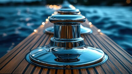 Obraz premium Shiny mooring cleats on a wooden deck at dusk. Close-up view