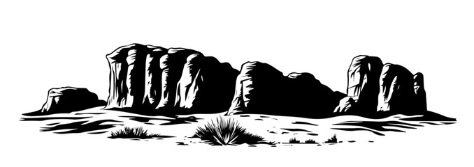 desert rock formation with arid landscape black silhouette vector shape © Camel
