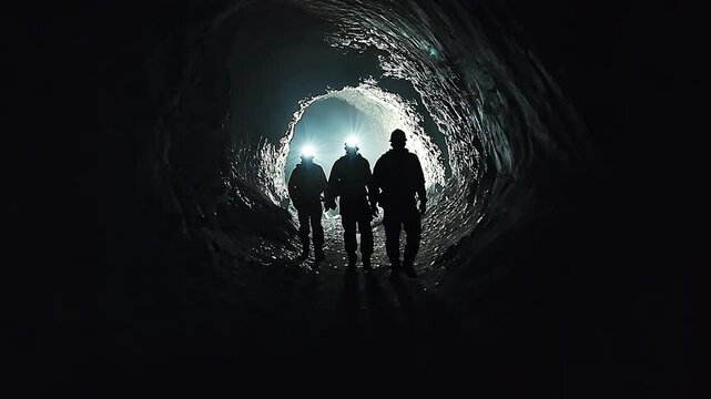 Silhouette of worker with headlamp walking through a mine dark tunnel