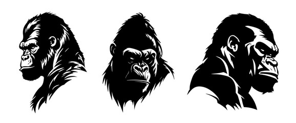 gorilla head collection with intense expressions black silhouette vector shape