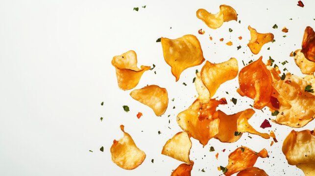 Patatas chips lisas con especias espolvoreadas por la superficie, fondo blanco.