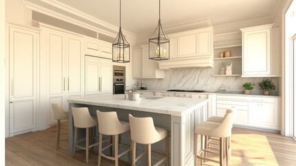 A bright and airy coastal kitchen with crisp white cabinets and a muted gray island with marble countertops