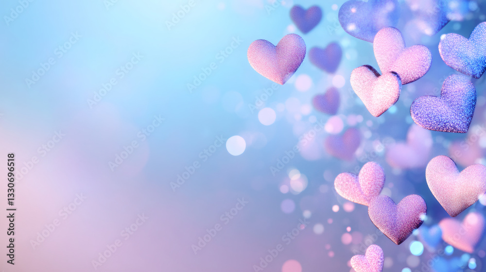 Leinwandbilder Many textured hearts are falling on a pastel background with bokeh effect, creating a romantic and dreamy atmosphere