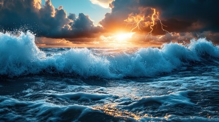Fototapeta premium Stormy sunset over ocean waves. Dramatic sky. Potential use Stock photo for nature, travel, or advertising