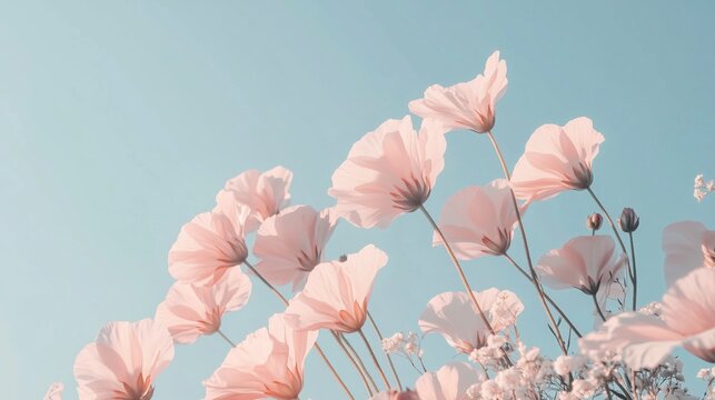 Flores de primavera rosas, fondo liso azul