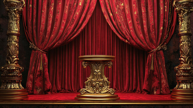 A Luxurious gold lined podium with red velvet curtains in royal setting