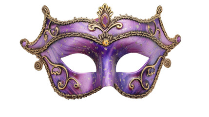 Elegant purple and gold venetian carnival mask on transparent background